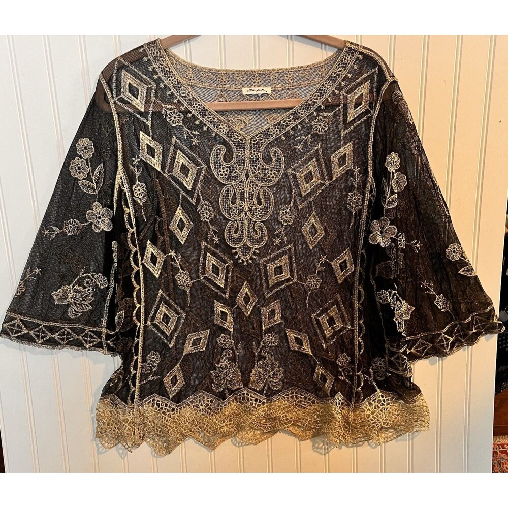 Ultra Pink Women’s Black & Gold Sheer Mesh Lace Top Women's Bell Sleeves Medium